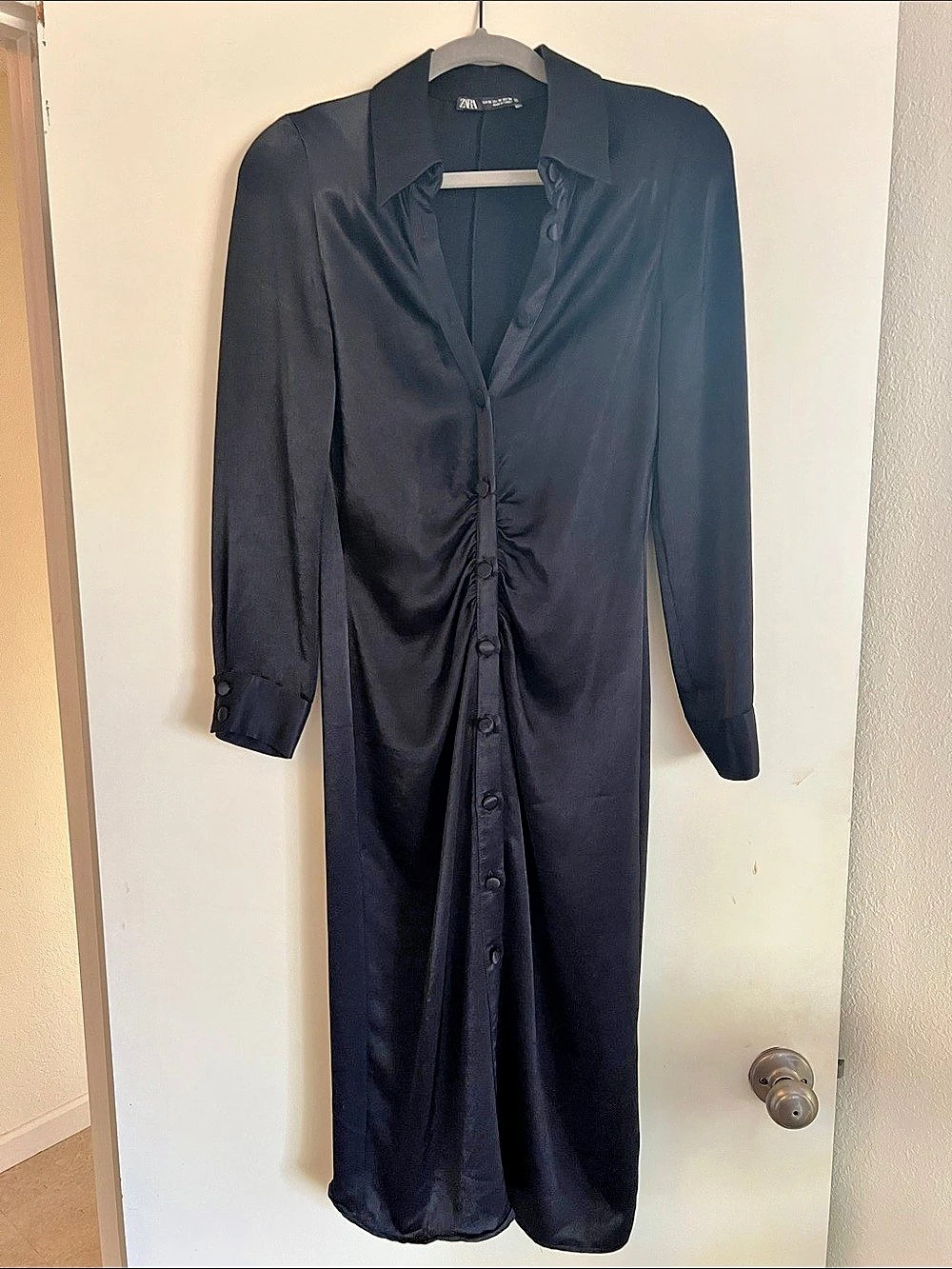 ZARA Satin Ruched Midi Shirt Dress Black Medium